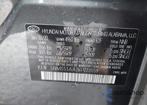 2020 Hyundai Santa Fe Limited 2.0T из США, поврежденный, VIN 5NMS53AA2LH222059